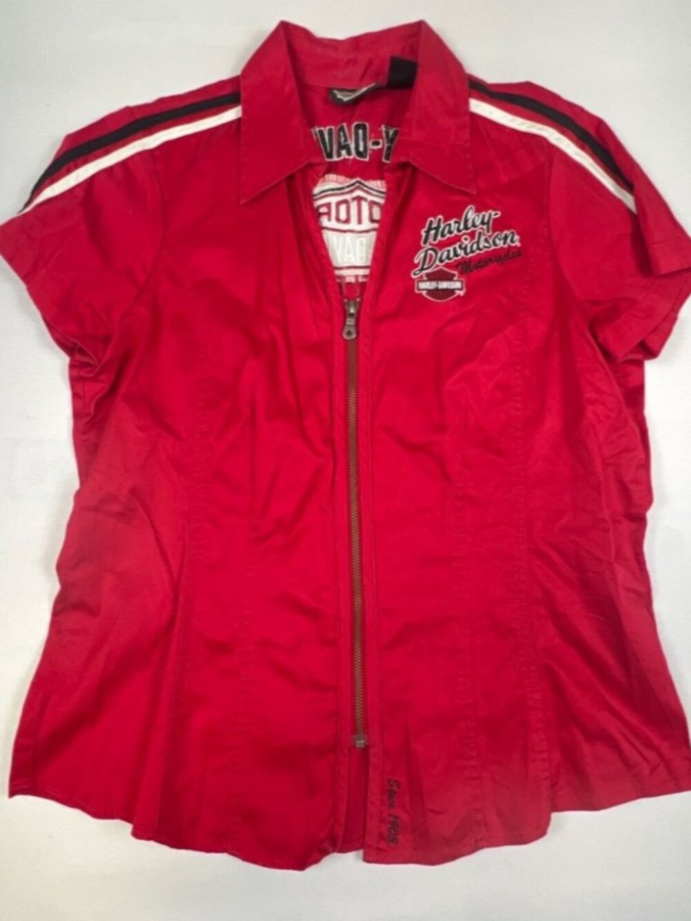 Harley-Davidson Women L Red Short Sleeve Full Zip Embroidered Motorcycle Shirt